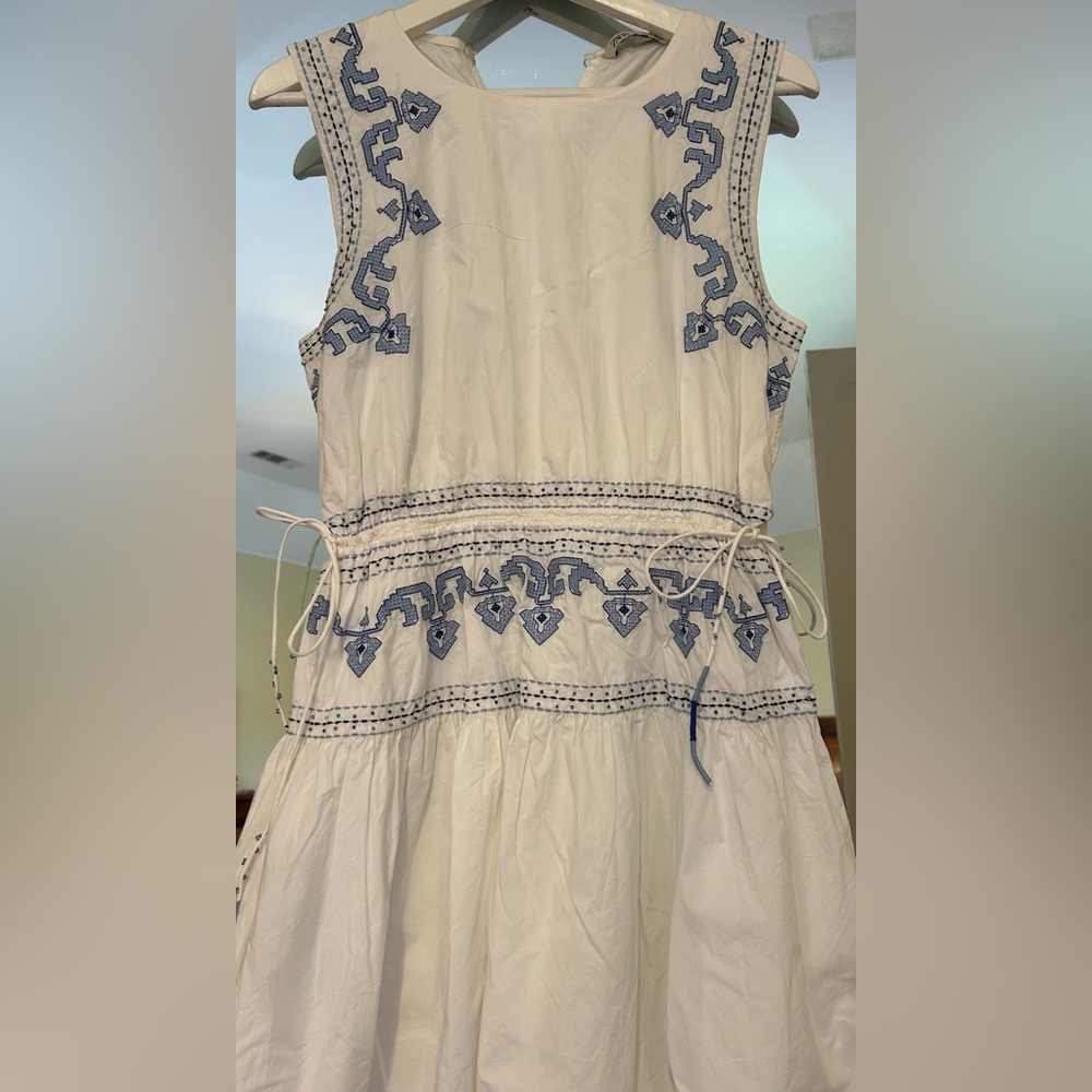 Zara White Midi Dress with Blue Embroidered Trim - Picture 2 of 9